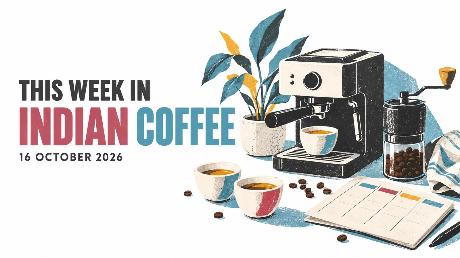 Illustrated home espresso machine, hand grinder, tasting cups, and weekly planner beside This Week in Indian Coffee, 16 October 2026