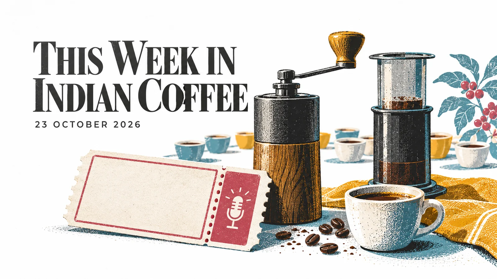 Editorial illustration of a coffee talk ticket, hand grinder, brewer and tasting cups, titled This Week in Indian Coffee, 23 October 2026