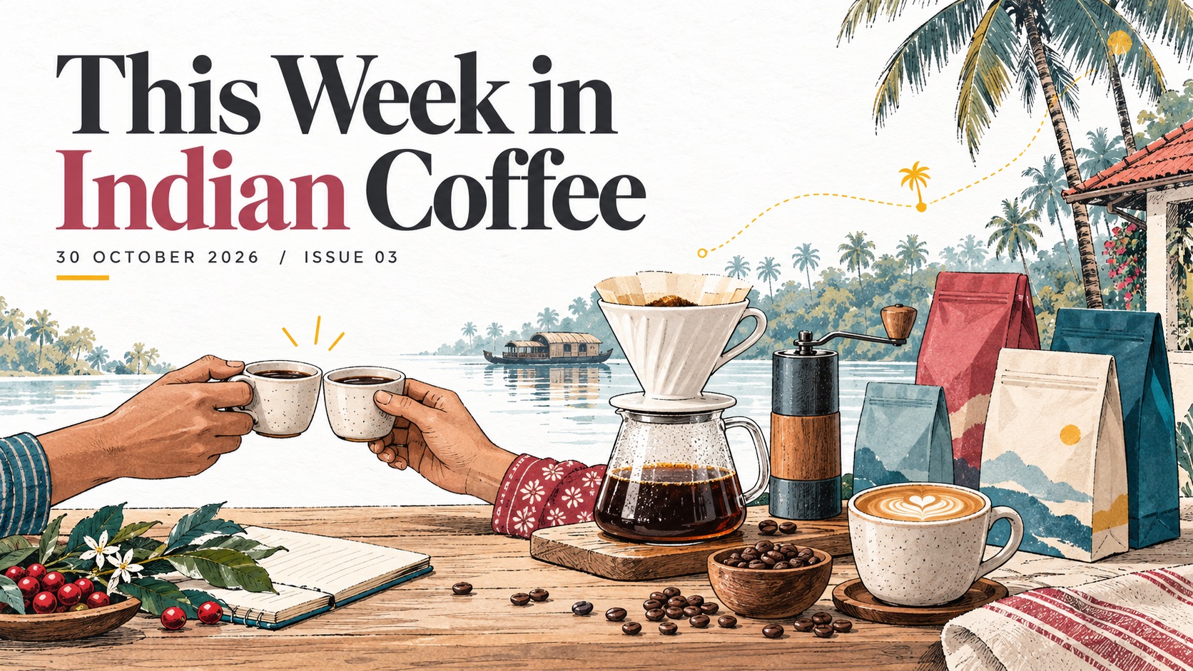 Editorial illustration of shared coffee cups, a pour-over brewer, hand grinder and coffee bags against a Kerala-inspired backdrop, titled This Week in Indian Coffee, 30 October 2026, Issue 03